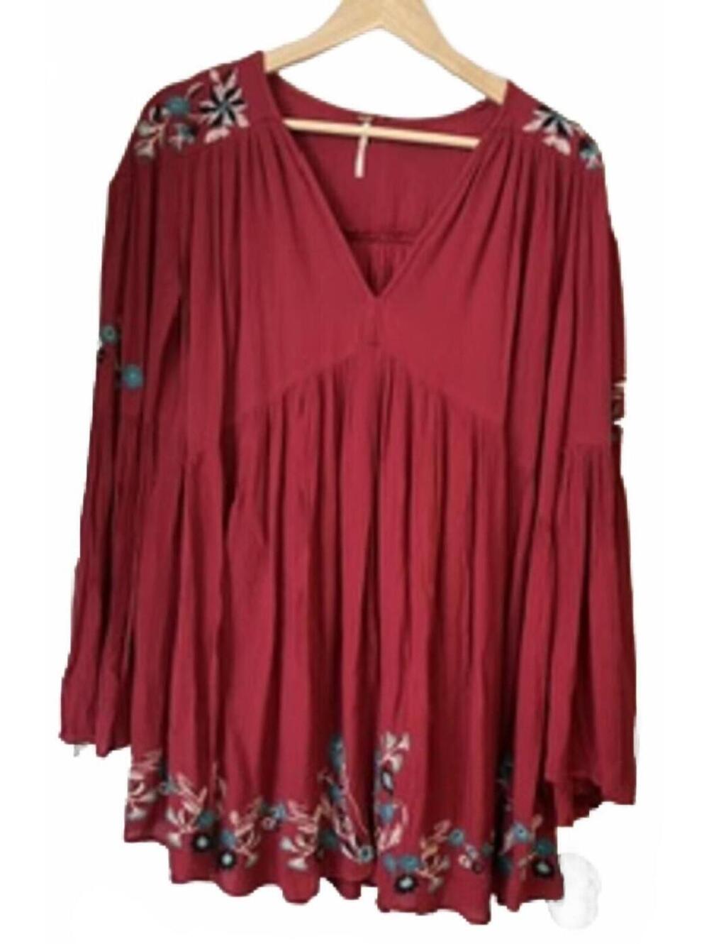 Free People Day Dreaming Embroidered Boho Tunic Mini Dress Burgundy XS